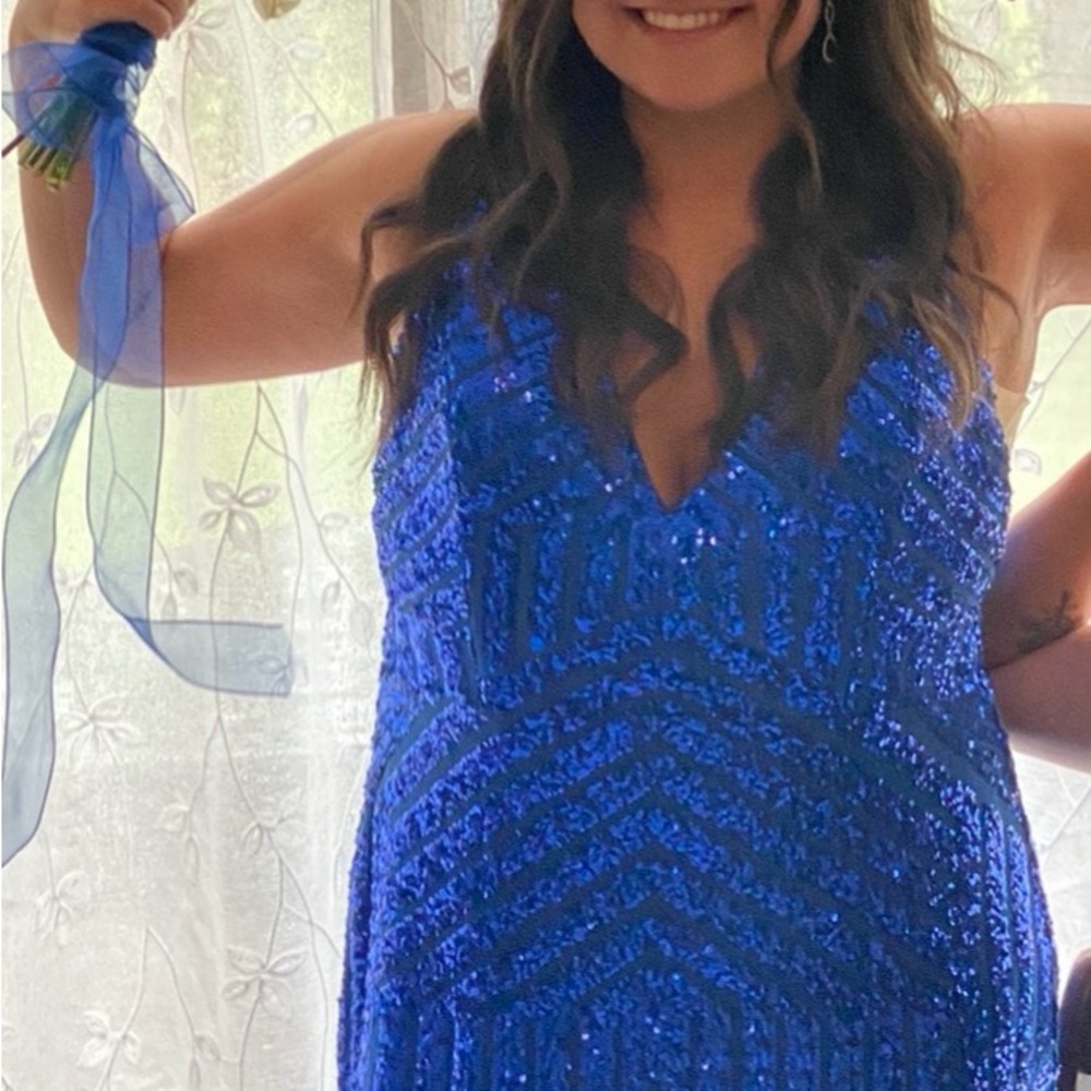 Mia Vega Royal Blue Sequin Hi Low Evening Prom Formal Gown Dress Sz 16 Like New - Picture 13 of 13